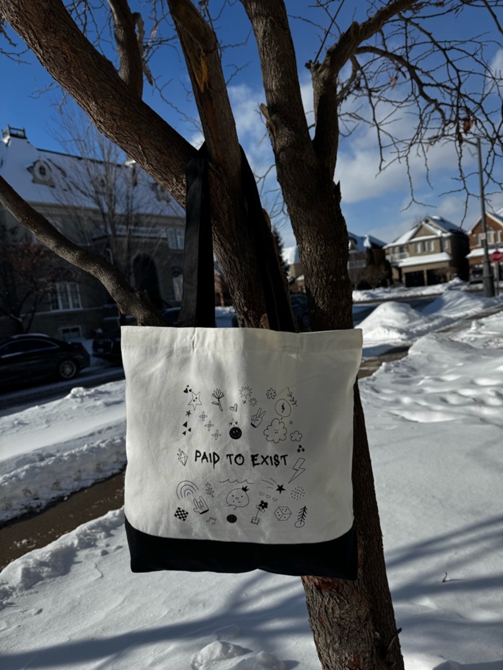 Canvas Tote Bag with 'Paid to Exist' Print - Black & White